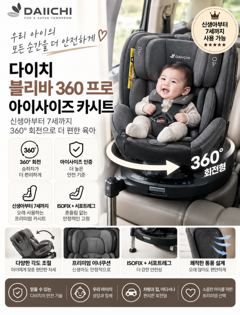 다이치 아동용 브리바 360 프로 아이사이즈 카시트 + 선바이저 세트 일체형을 추천하는 이유 제품 이미지