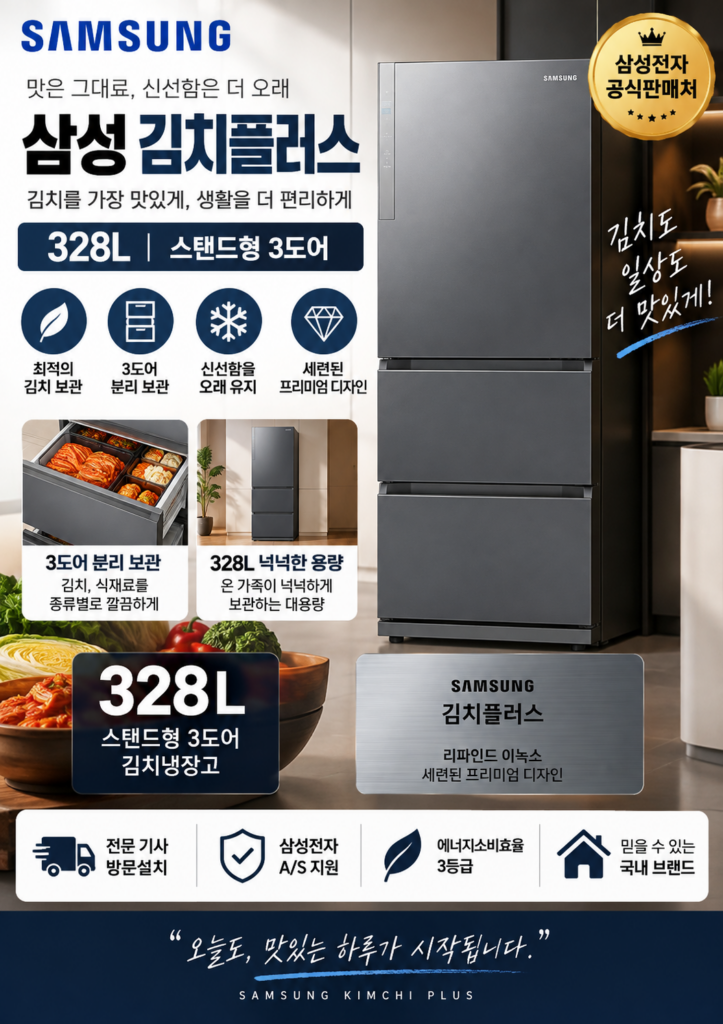 핫딜찬스 김치플러스 328L 스탠드형 3도어 땅속 김치맛을 지키고 냉동 서브로도 쓰는 김치냉장고 RQ33DG71J3S9 제품 이미지
