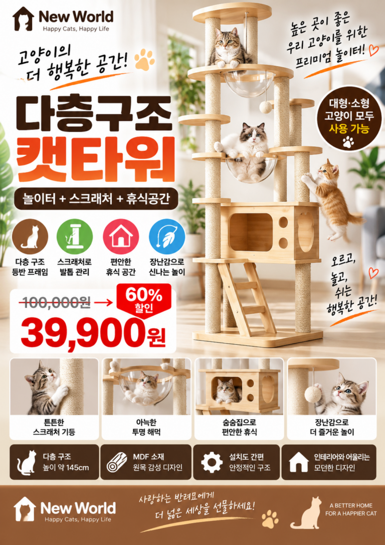 고양이 캣타워 추천｜New World 다층구조 스크래처 놀이터 원목 캣타워 MPJ04